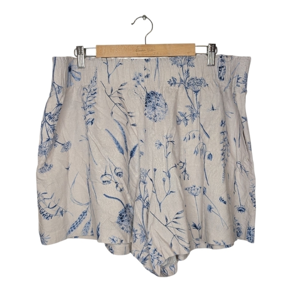 H&M Blue Creamy White Floral Print Linen Blend Pull On Women's Shorts XL